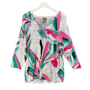 Chicos Abstract Multi VNeck Pullover Fashion Sweater Womens 3 US XL Retro NEW